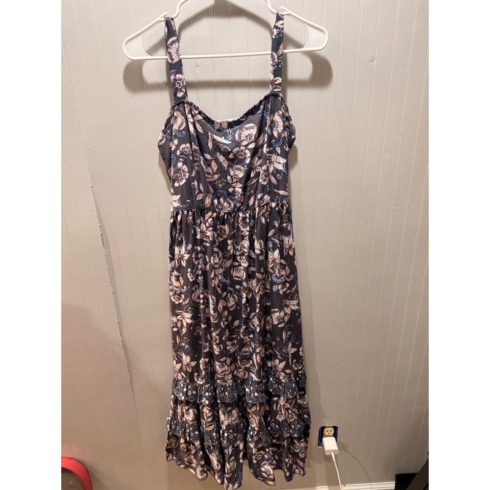 Roan + Ryan Floral Smocked Back Tiered Midi Dress Charcoal Grey Boho Women Small